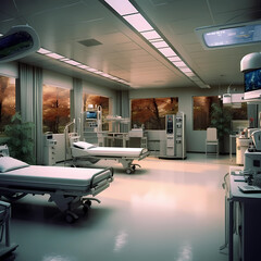 A hospital room with a bed and a lamp on the wall AI generative
