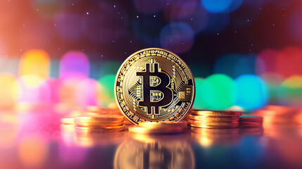 Fototapeta na wymiar Bitcoin on blurry technology background