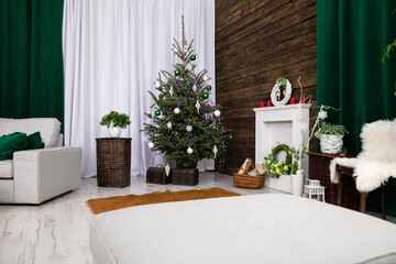 A spacious living room decorated for the Christmas world.