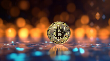 Bitcoin on blurry technology background