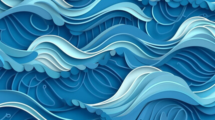 Paper sea waves. Blue water wave paper cut decor, marine landscape with curly waves ocean. Origami style wallpaper texture. Generative AI
