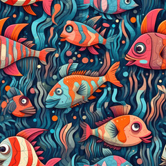Fototapeta premium Exotic fishes seamless repeat pattern - fantasy colorful cubism, abstract art, trippy psychedelic [Generative AI] 