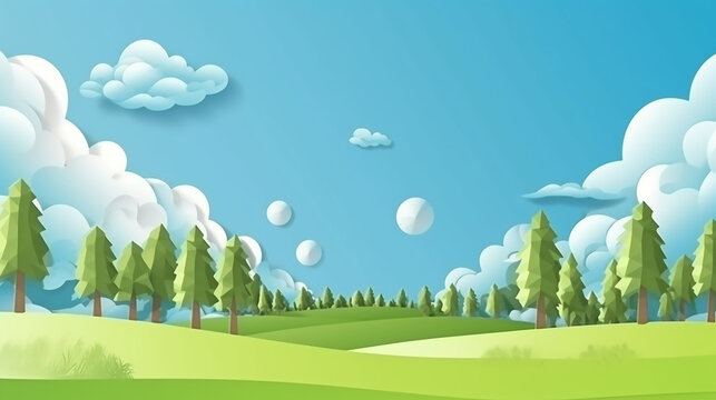 Paper summer landscape. Panoramic green field with trees and blue sky with white clouds. Layered papercut ecology 3d concept. Generative AI