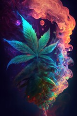 Cannabis leaves in colorful smoke on a dark background