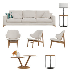 Furniture interior design set on transparent background, wooden chair, table lamp, wooden table, 3d render illustration.