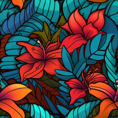 Exotic flowers seamless repeat pattern - fantasy colorful cubism, abstract art, trippy psychedelic [Generative AI]
