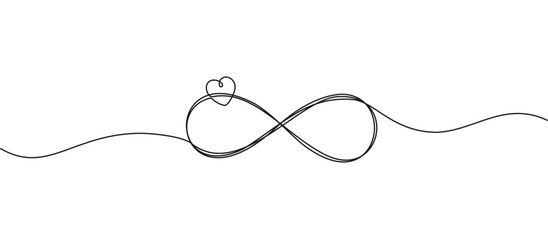 continuous single line drawing of infinity symbol with heart shape, eternal love line art vector illustration