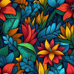 Fototapeta na wymiar Exotic flowers seamless repeat pattern - fantasy colorful cubism, abstract art, trippy psychedelic [Generative AI] 