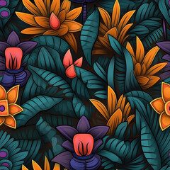 Exotic flowers seamless repeat pattern - fantasy colorful cubism, abstract art, trippy psychedelic [Generative AI]
