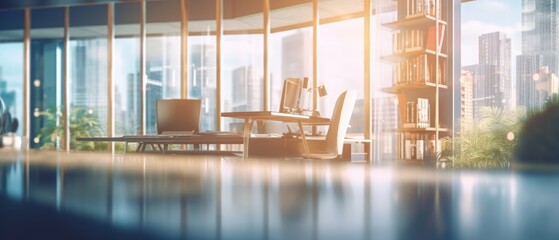 Blurred office room interior with defocused effect, blurred workspace, business concept. Generative AI