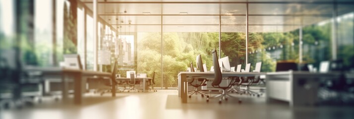 Blurred office room interior with defocused effect, blurred workspace, business concept. Generative AI