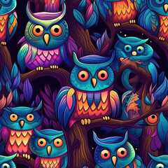 Cute owls at night seamless repeat pattern - fantasy colorful cubism, abstract art, trippy psychedelic [Generative AI]
