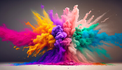 Explosion de pigment de couleurs créant une grosse fumée colorée, multicolore, floue et dispersée avec fond clair, gris. Reste de pigment au sol. Conception graphique. - obrazy, fototapety, plakaty