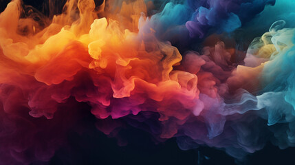 Explosion de pigment de couleurs créant une grosse fumée colorée, multicolore, floue et dispersée avec fond sombre, noir. Conception graphique.