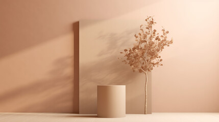 Podium 3D beige, avec fond beige, crème, rose pâle et un arbre fleuri en décoration sur le côté. Conception graphique pour produit cosmétique, luxe