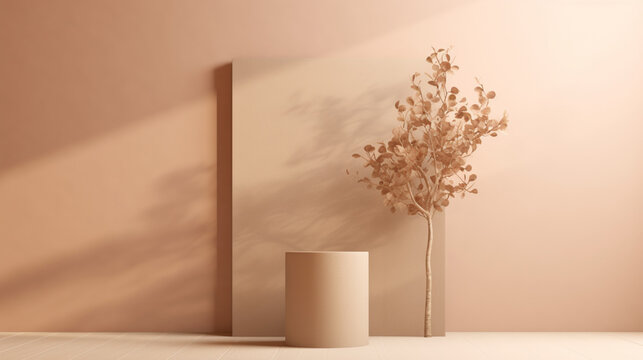 Podium 3D beige, avec fond beige, cr&egrave;me, rose p&acirc;le et un arbre fleuri en d&eacute;coration sur le c&ocirc;t&eacute;. Conception graphique pour produit cosm&eacute;tique, luxe