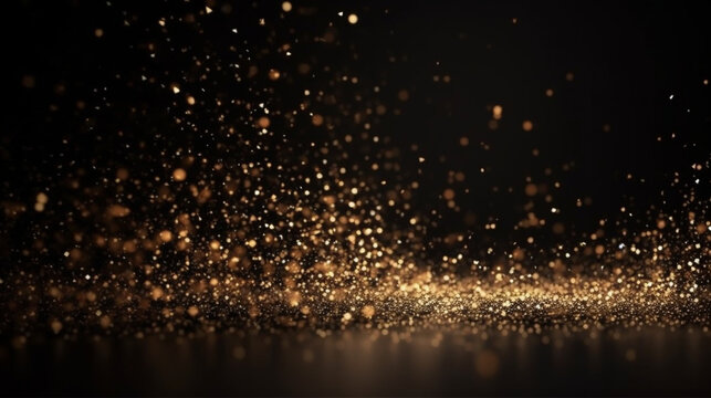 Particules scintillantes et brillantes volant sur fond sombre, noir. Lumi&egrave;re orang&eacute;e, paillettes dor&eacute;es et flou. Fond pour banni&egrave;re, cr&eacute;ation graphique. 
