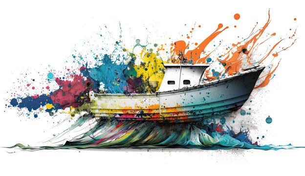 Little Fishing Boat on a Wave Transparent Background Generative AI Illustration 