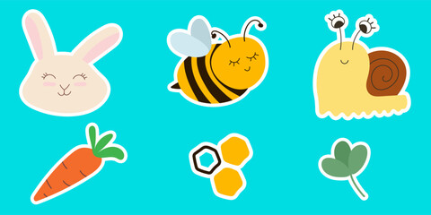 Set of six cute hand drawn baby stickers consisting of a sleepy bee, a cute bunny, a curious snail, a carrot, a leaf and a honeycomb