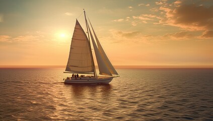 Fototapeta na wymiar Sailing yacht in the sea at sunset, a 3D render illustration enhanced by Generative AI
