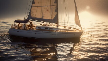 Sailing yacht in the sea at sunset, a 3D render illustration enhanced by Generative AI