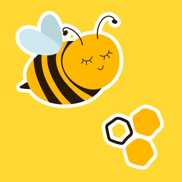 Hand drawn illustration two stickers of sleepy bee and honeycomb on yellow background