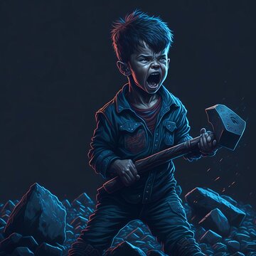 A boy with a hammer is screaming in front of rocks. A symbolic pics of child labour day. ai