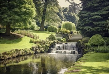 Fototapeta na wymiar large lawn and waterfall in a garden, generative ai
