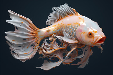 Ornate beautiful Koi fish carved from ceramic and opal. Surreal oriental art. Gererative AI.