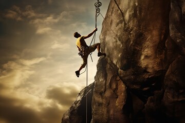 Climber at sunset, generative AI