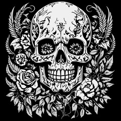 Vintage template with ornamental floral frame and decorative skull tatto