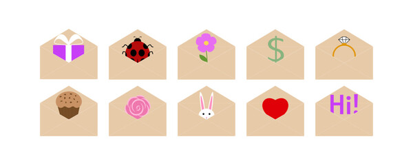 Set of envelopes with clip arts isolated on white background. Flat gift box, ladybug, flower, dollar, ring, cup cake, rose, hare, heart, hi. Cute vector illustration