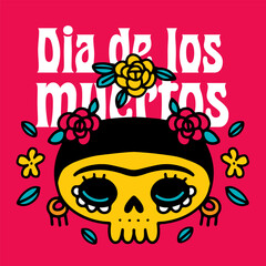 Dia de los Muertos greeting card concept. Vector doodle color illustration with Catrina sugar festive skull with rose flowers isolated on magenta background.