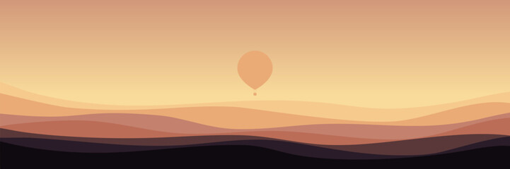 Fototapeta premium sunset in mountain with hot air balloon fly in the sky good for wallpaper, background, backdrop, banner, web, and design template 