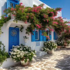 Fototapeta na wymiar traditional greek house with lots of flowers. Generative AI
