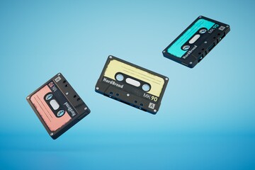 Fototapeta premium audio cassettes scattering on a blue background. 3D render