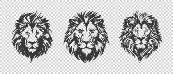 Vector set of shaggy brutal serious lion heads. Stickers or icons. Wild African animals. © GAlexS