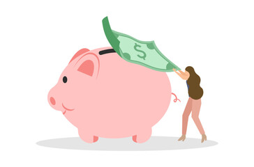 Flat design of rich woman save money vector, woman’s saving salary in piggy bank, flat design of financial management, Save money in piggy bank, money management vector, woman is investing for future.