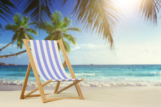 The concept of relaxing on the beach. Beach lounger on a sandy beach among palm trees. 3D render