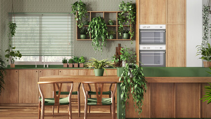Minimal wooden kitchen in white and green tones with island, chairs and appliances. Biophilic concept, many houseplants. Urban jungle interior design