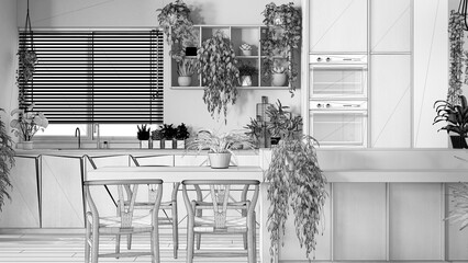 Blueprint unfinished project draft, minimal wooden kitchen with island, chairs and appliances. Biophilic concept, many houseplants. Urban jungle interior design