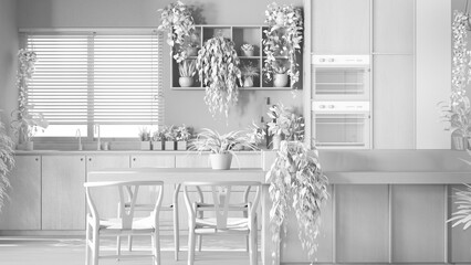 Total white project draft, minimal wooden kitchen with island, chairs and appliances. Biophilic concept, many houseplants. Urban jungle interior design