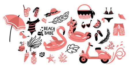 Summer beach accessories on pink colors. Set of illustrations. Vector.