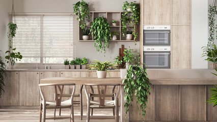 Minimal bleached wooden kitchen in white and beige tones with island, chairs and appliances. Biophilic concept, many houseplants. Urban jungle interior design