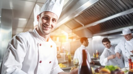 Smiling chef cook in restaurant kitchen cook new dishes for restaurant customers, happy chef loves his job with team of cooks on background, professional chef in kitchen, generative AI