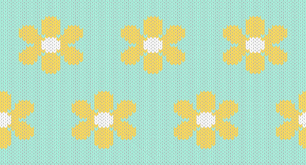 Yellow flowers on green background knitting pattern, Festive Sweater Design. Seamless Knitted Pattern