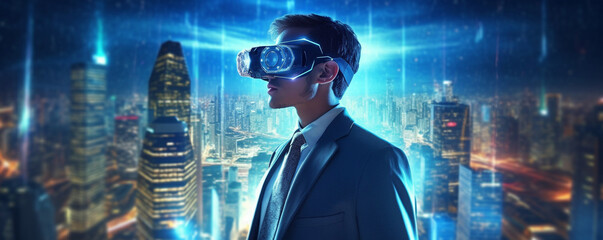 virtual reality helmet. man in suit with virtual reality headset. Generative Ai