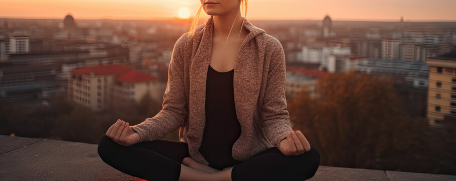 a young sporty woman sits cross-legged and meditates. Generative AI