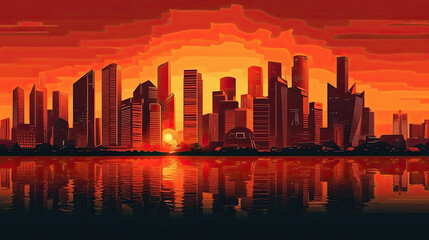 Obraz premium a modern big city with skyscrapers on the horizon in the sunset. Generative AI