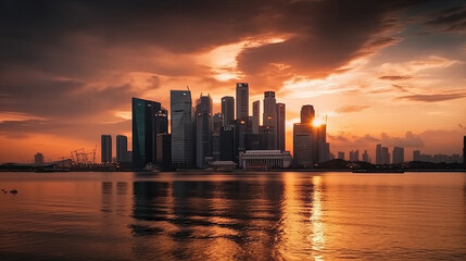 Fototapeta na wymiar a modern big city with skyscrapers on the horizon in the sunset. Generative AI